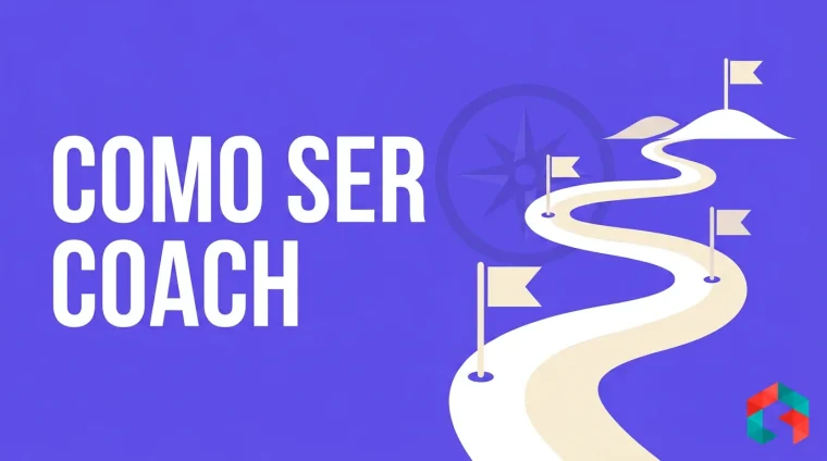 Caminho estilizado com marcos de evolução e bandeira de chegada ao fundo, com o texto COMO SER COACH em branco sobre fundo roxo