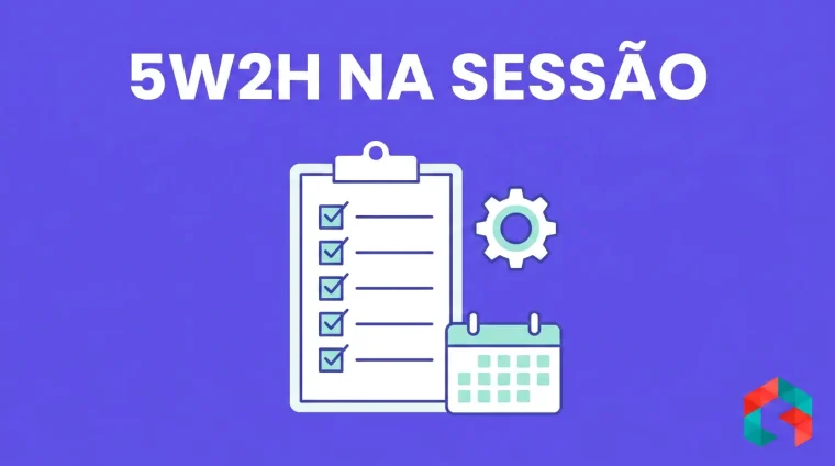 Ilustração flat vector em fundo roxo com clipboard de checklist, engrenagem e calendário, título 5W2H NA SESSÃO em branco