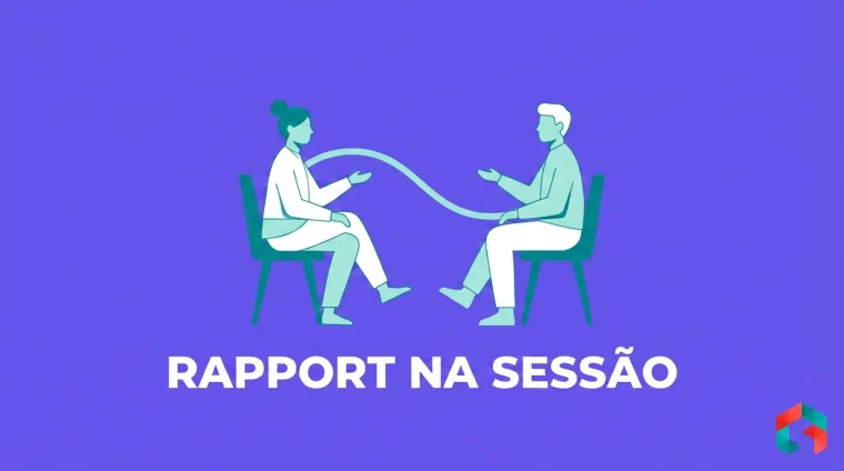 Ilustração flat de dois personagens em sintonia numa sessão de coaching, com o texto RAPPORT NA SESSÃO e o logo da SistemizeCoach