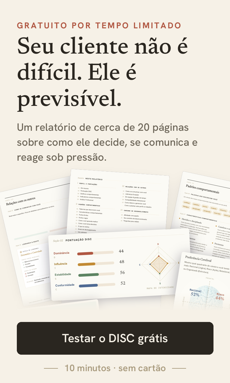 Teste DISC gratuito por tempo limitado: seu cliente não é difícil, ele é previsível. Testar o DISC grátis