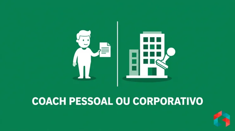 Ilustração vetorial flat em fundo verde escuro: uma pessoa segurando um documento de um lado e um prédio de escritório recebendo um carimbo do outro, separados por uma linha vertical, com a marca SistemizeCoach no canto
