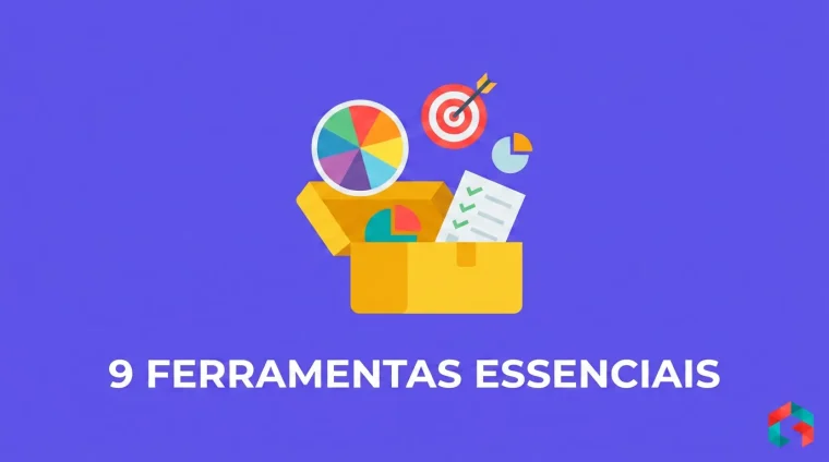Caixa de ferramentas aberta com ícones flat de coaching: roda da vida, alvo, gráfico e checklist, sobre fundo roxo, com o texto 9 FERRAMENTAS ESSENCIAIS