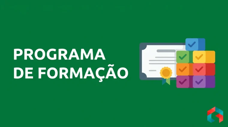 Ilustração flat vector em verde escuro do programa de formação de líderes em 6 módulos: diploma com selo dourado e blocos coloridos com check, texto PROGRAMA DE FORMAÇÃO