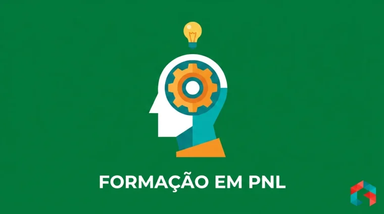Ilustração flat de cabeça estilizada com engrenagem e lâmpada sobre fundo verde escuro, com o texto Formação em PNL