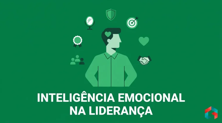 Ilustração flat verde escuro com um líder de perfil, coração dentro da cabeça e cinco ícones das competências da inteligência emocional, com o texto INTELIGÊNCIA EMOCIONAL NA LIDERANÇA