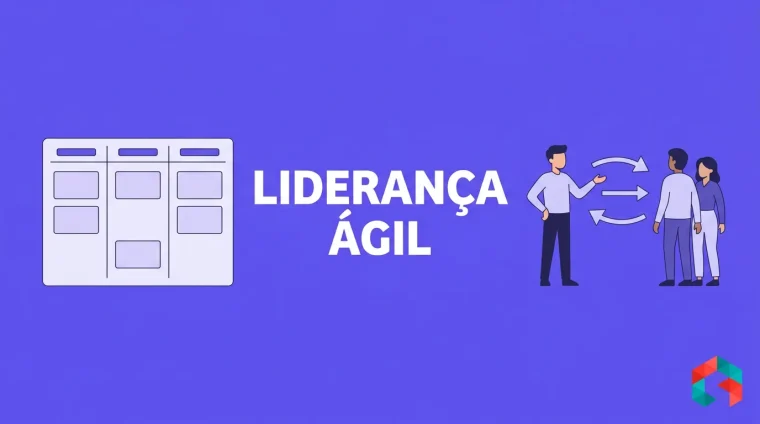 Ilustração flat de um quadro kanban com cartões à esquerda e um líder mostrando o fluxo de decisão para dois colegas, sobre fundo roxo, com o título Liderança Ágil