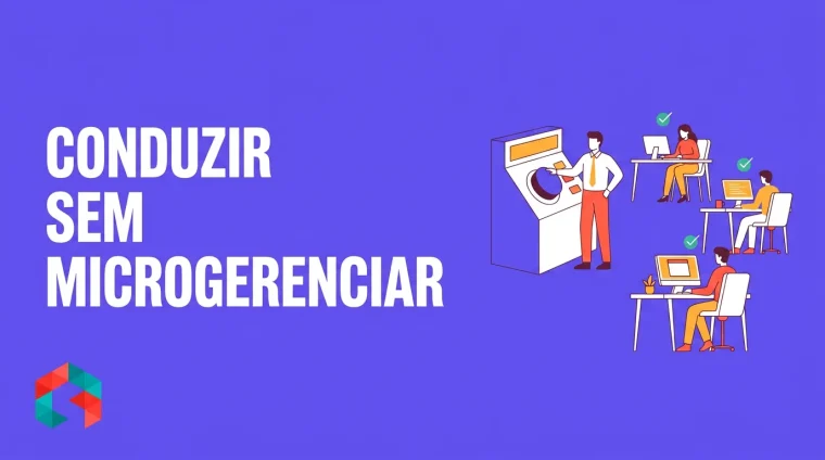 Ilustração flat de um gestor junto a um painel de controle com um botão grande, e três profissionais trabalhando com autonomia e checks de concluído, sobre fundo roxo.
