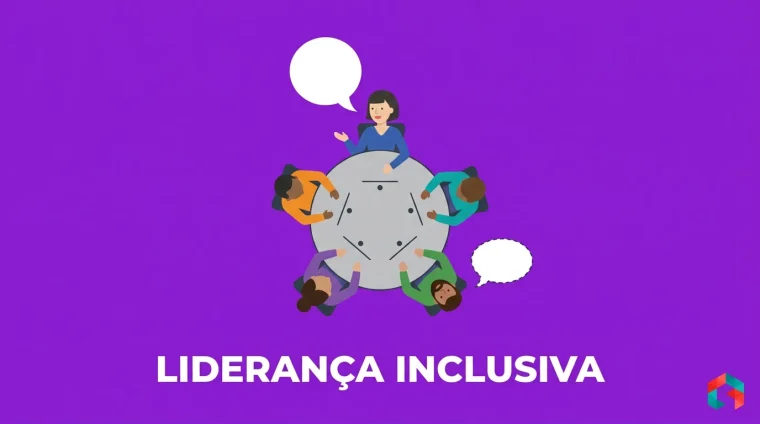 Mesa de reunião redonda vista de cima com quatro pessoas diversas, uma falando com balão e outra em silêncio, fundo roxo