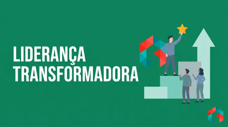 Ilustração flat de um líder com o braço erguido segurando uma estrela dourada, sobre degraus ascendentes, com duas pessoas apoiando ao lado