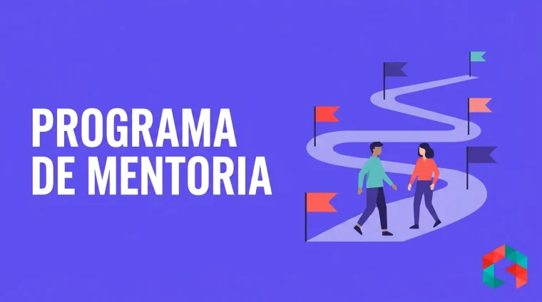 Ilustração flat de um caminho sinuoso com marcos de bandeira e dois personagens caminhando lado a lado, em fundo roxo, representando um programa de mentoria em etapas
