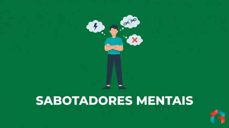 Ilustração flat de personagem de braços cruzados com nuvens de pensamento de raio, corrente quebrada e X vermelho, sobre fundo verde escuro