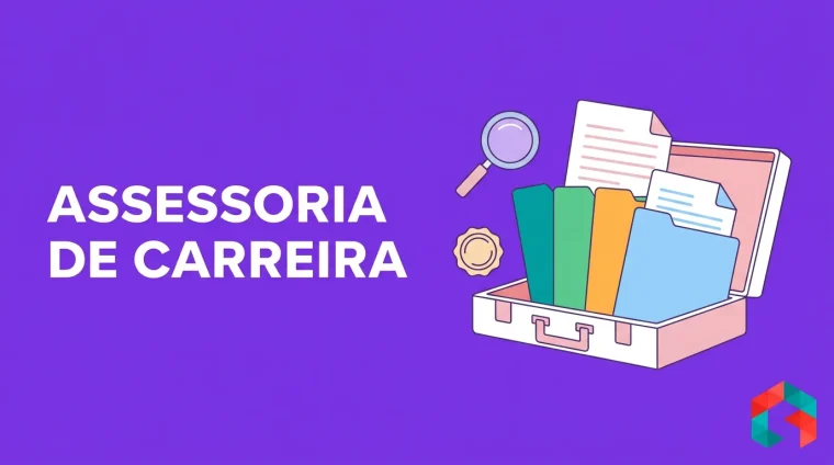 Maleta aberta com quatro pastas coloridas, lupa e selo de aprovação sobre fundo roxo