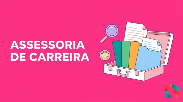 Maleta aberta com quatro pastas coloridas, lupa e selo de aprovação sobre fundo rosa-choque