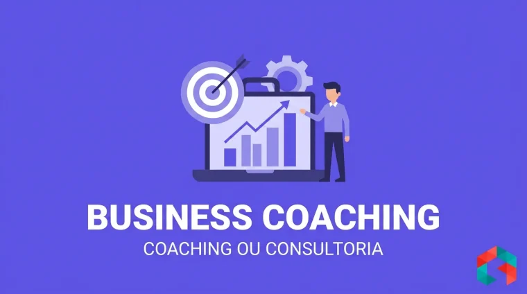 Maleta executiva aberta com grafico de barras subindo, alvo com seta e engrenagem saindo dela, personagem ao lado, sobre fundo roxo solido