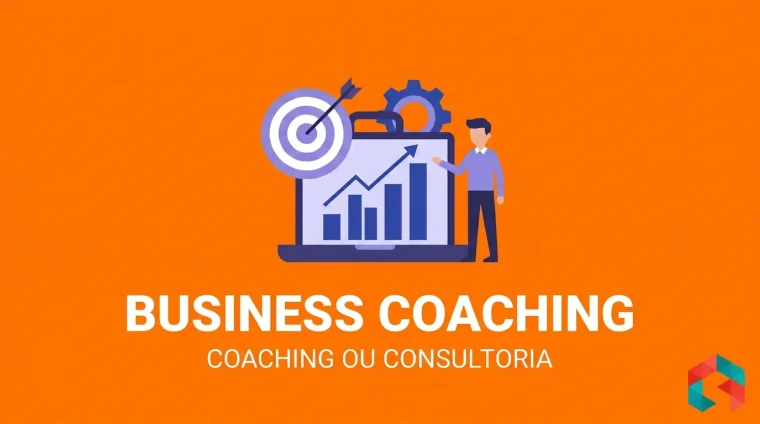 Maleta executiva aberta com grafico de barras subindo, alvo com seta e engrenagem saindo dela, personagem ao lado, sobre fundo laranja solido