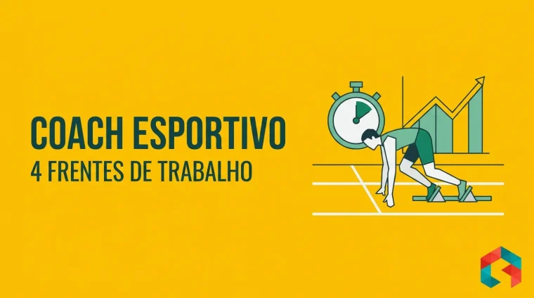 Ilustração vetorial flat em fundo amarelo: atleta em posição de largada no bloco de partida sobre uma pista estilizada, com cronômetro e gráfico de linha subindo ao fundo, e a marca SistemizeCoach no canto inferior direito