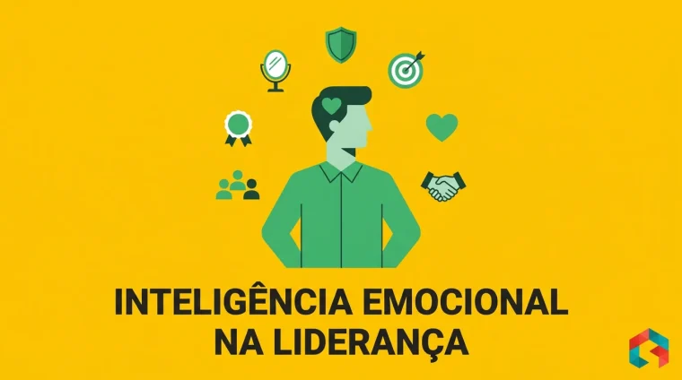 Ilustração flat amarelo com um líder de perfil, coração dentro da cabeça e cinco ícones das competências da inteligência emocional, com o texto INTELIGÊNCIA EMOCIONAL NA LIDERANÇA