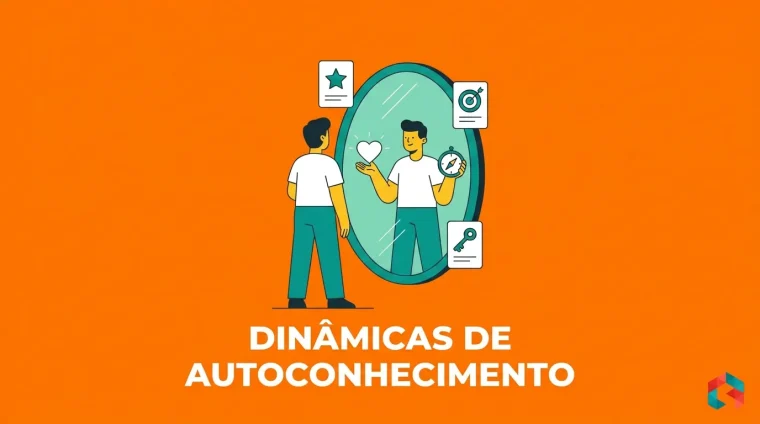 Ilustração flat de uma pessoa diante de um espelho, com o reflexo segurando um coração e uma bússola, e o texto DINÂMICAS DE AUTOCONHECIMENTO sobre fundo laranja.