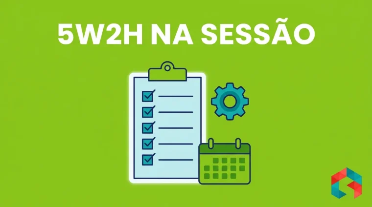 Ilustração flat vector em fundo verde-limão com clipboard de checklist, engrenagem e calendário, título 5W2H NA SESSÃO em branco