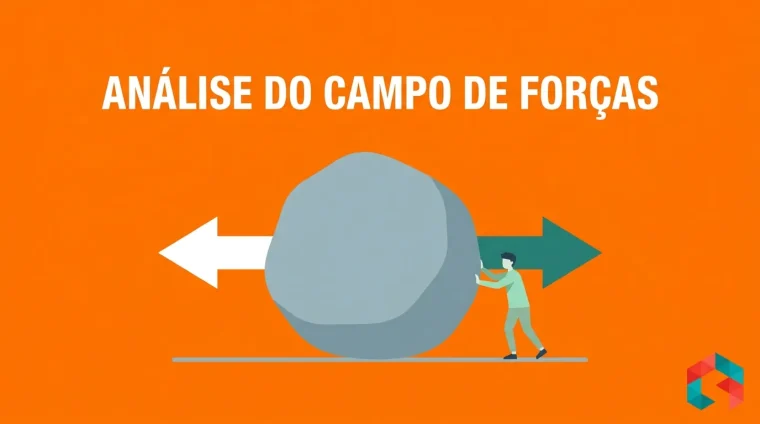 Ilustração flat em fundo laranja com uma pedra grande no centro, puxada por duas setas em direções opostas, e um personagem empurrando a pedra para a direita, com o texto ANÁLISE DO CAMPO DE FORÇAS