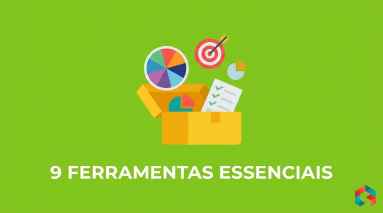 Caixa de ferramentas aberta com ícones flat de coaching: roda da vida, alvo, gráfico e checklist, sobre fundo verde-limão, com o texto 9 FERRAMENTAS ESSENCIAIS