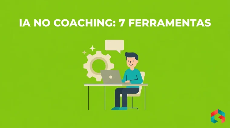 Ilustração flat em fundo verde-limão com um coach trabalhando no notebook ao lado de uma engrenagem e um balão de conversa, com o símbolo da SistemizeCoach no canto inferior direito