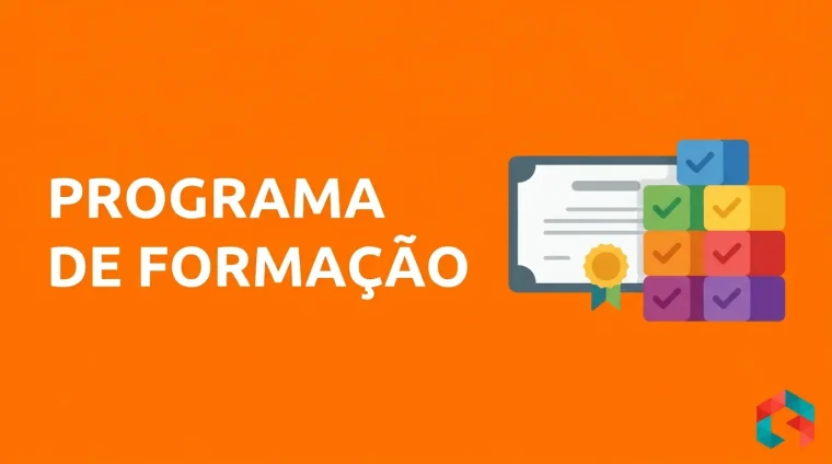 Ilustração flat vector em laranja do programa de formação de líderes em 6 módulos: diploma com selo dourado e blocos coloridos com check, texto PROGRAMA DE FORMAÇÃO