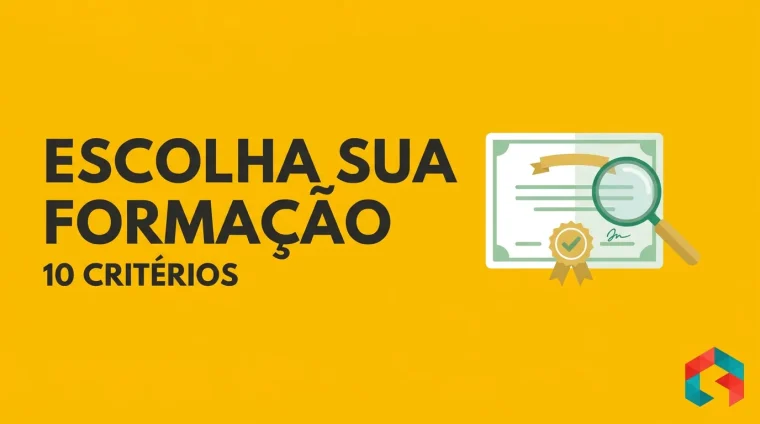 Diploma de formação em coaching com selo de aprovação e lupa, fundo amarelo