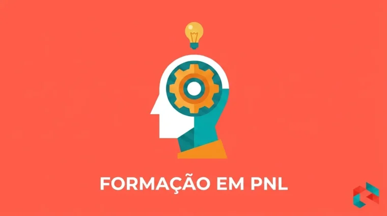 Ilustração flat de cabeça estilizada com engrenagem e lâmpada sobre fundo coral, com o texto Formação em PNL