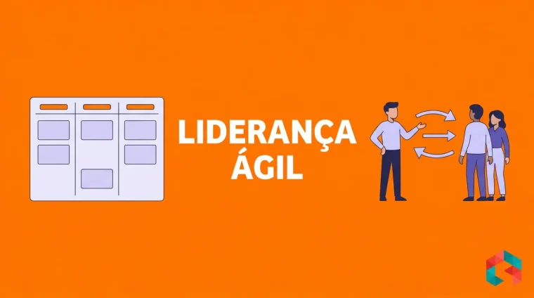 Ilustração flat de um quadro kanban com cartões à esquerda e um líder mostrando o fluxo de decisão para dois colegas, sobre fundo laranja, com o título Liderança Ágil