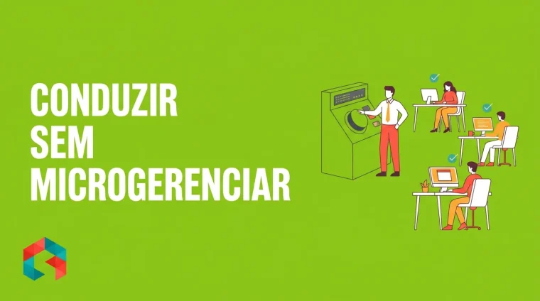 Ilustração flat de um gestor junto a um painel de controle com um botão grande, e três profissionais trabalhando com autonomia e checks de concluído, sobre fundo verde-limão.