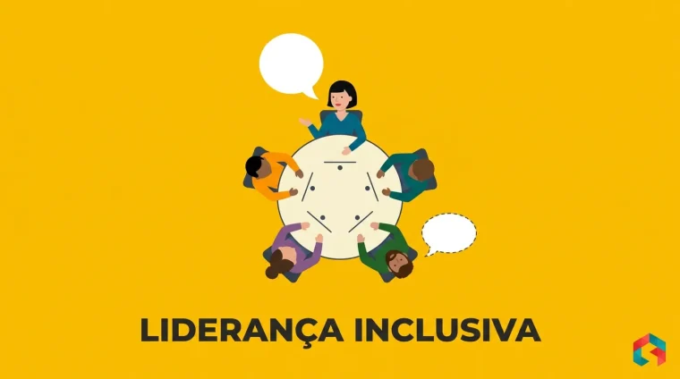 Mesa de reunião redonda vista de cima com quatro pessoas diversas, uma falando com balão e outra em silêncio, fundo amarelo