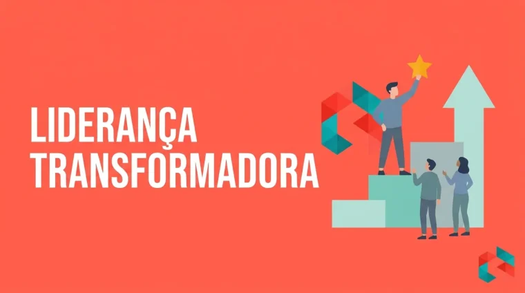 Ilustração flat de um líder com o braço erguido segurando uma estrela dourada, sobre degraus ascendentes, com duas pessoas apoiando ao lado
