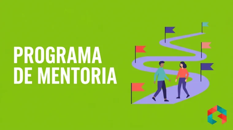 Ilustração flat de um caminho sinuoso com marcos de bandeira e dois personagens caminhando lado a lado, em fundo verde-limão, representando um programa de mentoria em etapas