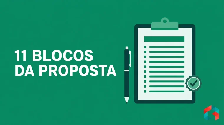 Prancheta com o documento da proposta, onze marcadores de linha, caneta e selo de aprovação sobre fundo verde escuro