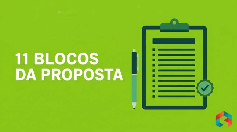 Prancheta com o documento da proposta, onze marcadores de linha, caneta e selo de aprovação sobre fundo verde-limão