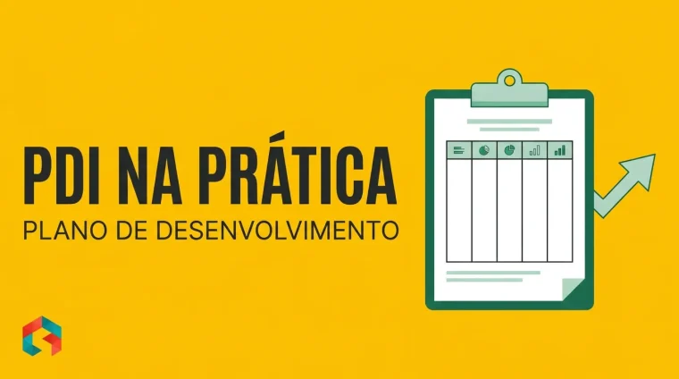 Capa do post PDI na prática: prancheta flat vector com tabela de cinco colunas e seta de crescimento sobre fundo amarelo, com o logo da SistemizeCoach no canto.