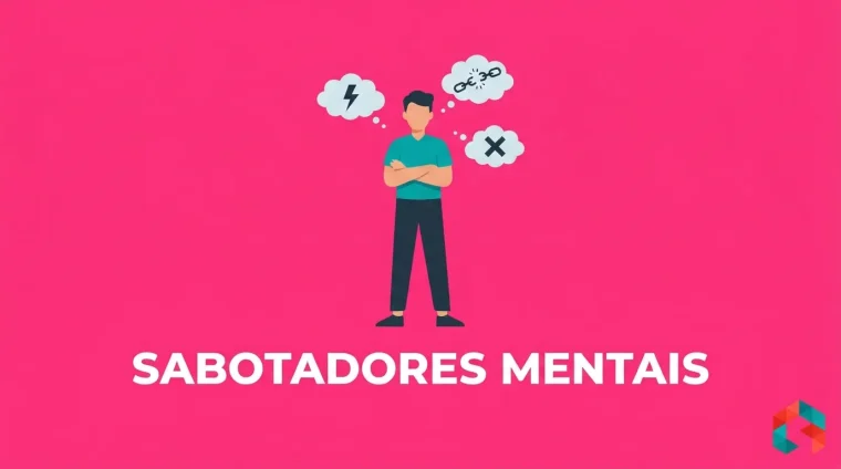 Ilustração flat de personagem de braços cruzados com nuvens de pensamento de raio, corrente quebrada e X vermelho, sobre fundo rosa-choque