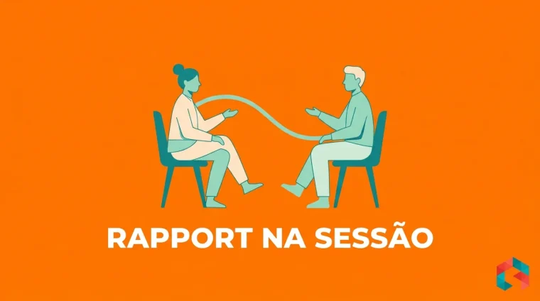 Ilustração flat de dois personagens em sintonia numa sessão de coaching, com o texto RAPPORT NA SESSÃO e o logo da SistemizeCoach